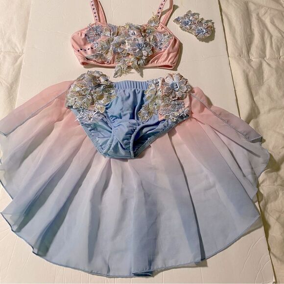 Glamour solo dance costume 2 piece blue pink embellished EUC LC child - Picture 4 of 14